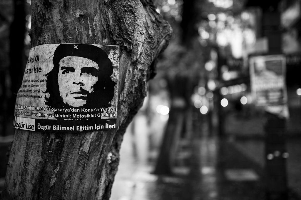 Poster on a tree featuring image of revolutionary Che Guevara