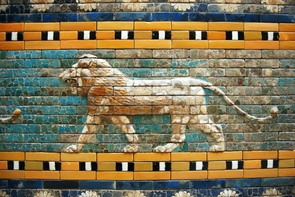 Architectural artwork of a mosaic lion made of tectured multicolor bricks