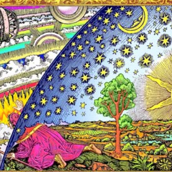 Fanciful colored woodcut style graphic of of the earth and heavens with a prostate figure sticking his head thru the night sky into a fantastic realm beyond