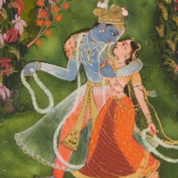 Accent image featuring Indian royalty in fanciful dress and jewelry walking  along arms around each other and gazing deeply with love into each others eyes 