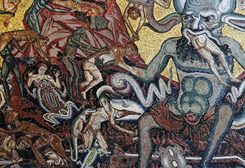 A medieval era painting depicting Hell with a large demon eating sinners perhaps as Dante might have envisioned Hell