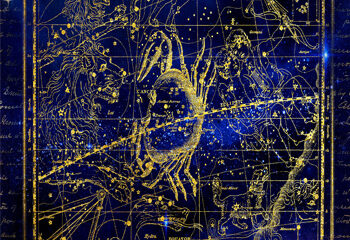 A star map with fanciful overlaid art focused on the Cancer / Crab constellation