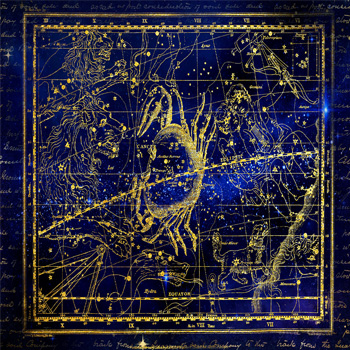 A star map with fanciful overlaid art focused on the Cancer / Crab constellation